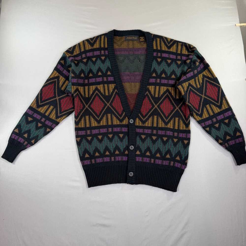 Vintage Mens Cardigan Medium Geometric 90s Retro Knit Grandpacore Indie Heritage